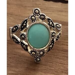 Vintage Sterling Silver Aqua Chalcedony Style Ring Marcasite Size 7 3/4